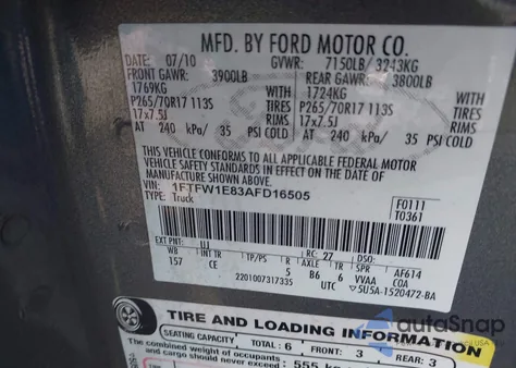 2010 Ford F-150 Xl/Xlt z USA, uszkodzony, nr VIN 1FTFW1E83AFD16505